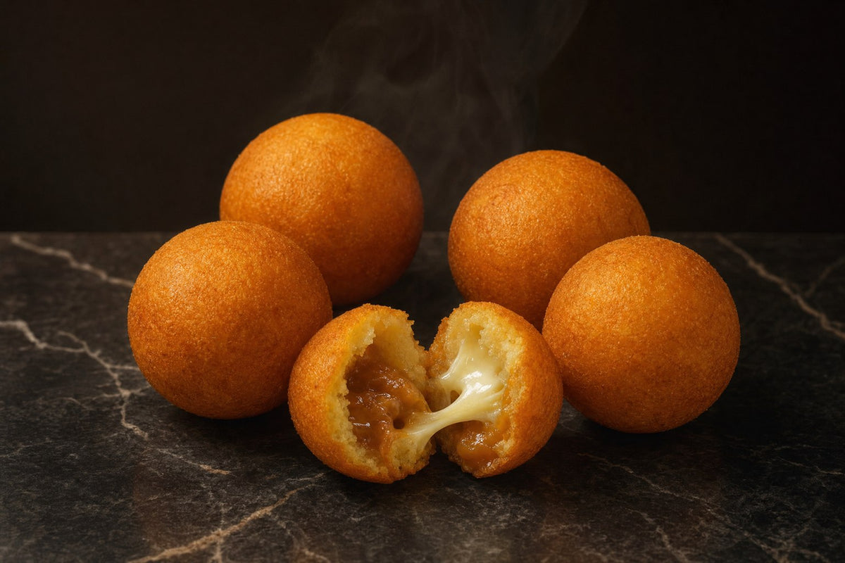 Buñuelo Relleno de Xocolata Food Premium, partido mostrando arequipe y Queso Pasteurizado